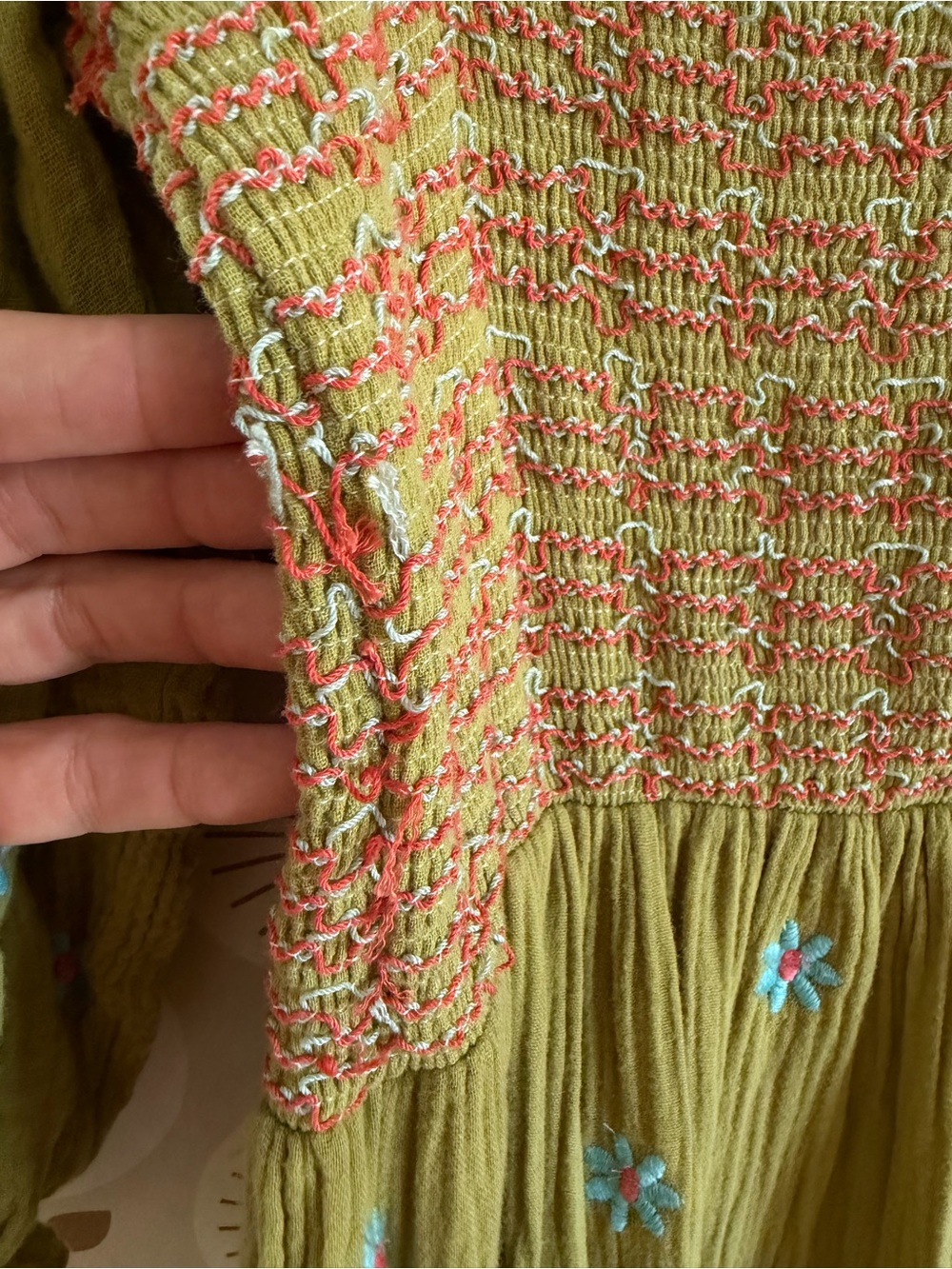 Olive Green Puff-Sleeve Maxi Dress with Floral Embroidery - Picture 5 of 6